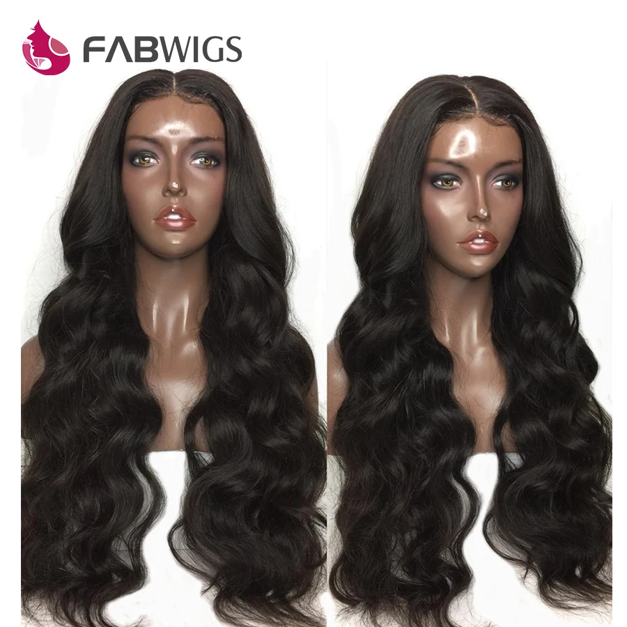 Fabwigs 180% Плотность фронта шнурка человеческих волос парики предварительно сорванные перуанские объемные волнистые парики шнурка спереди для женщин натуральные черные волосы Remy