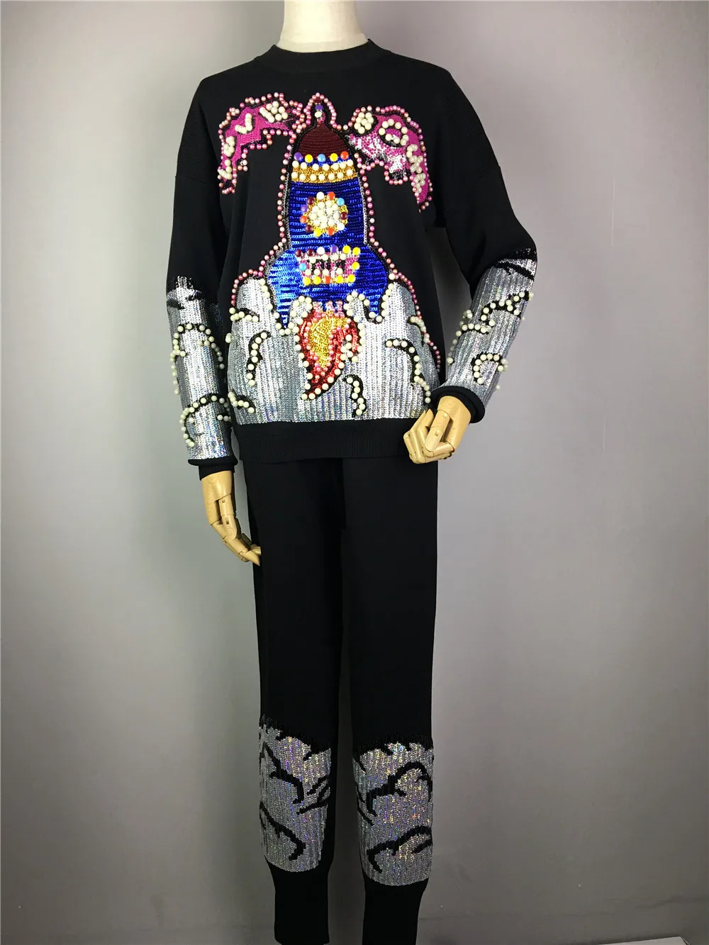 Высококачественные вязаные костюмы с блестками и бусинами, женский свитер с длинными рукавами и бисером в тяжелой промышленности + штаны