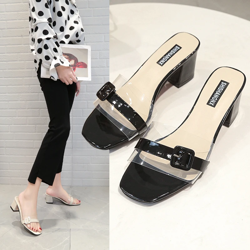 

2019 New Casual Solid Summer Beach Shoes High Heels Slippers Women Slip-on Rome Thick Heels Slipper Fashion Woman Handmade Shoes