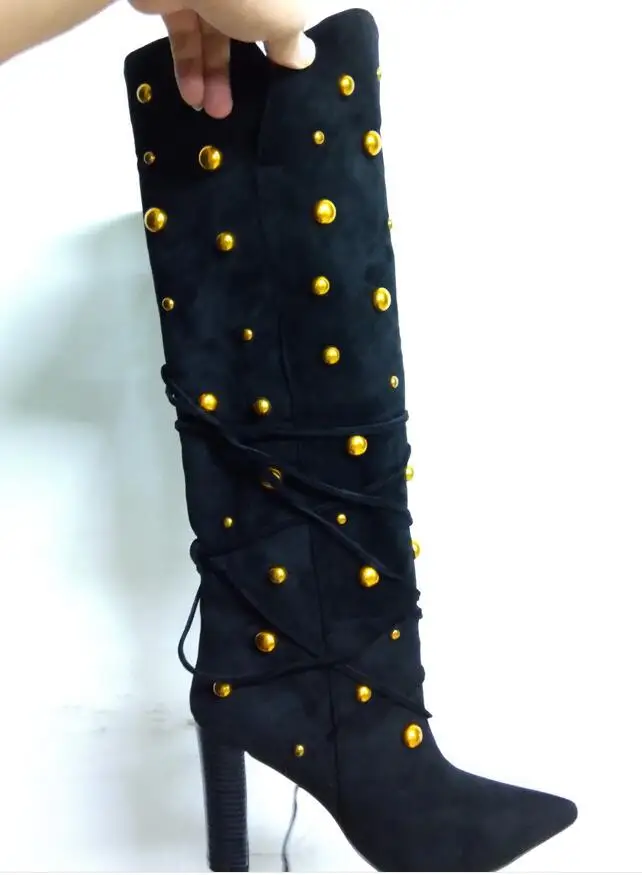 

Hot Fashion Elegant Black Flock Mid-Calf Shoes Pointed Toe Slip-On Women's shoes Square Heel Metal Decoration Women's Boots
