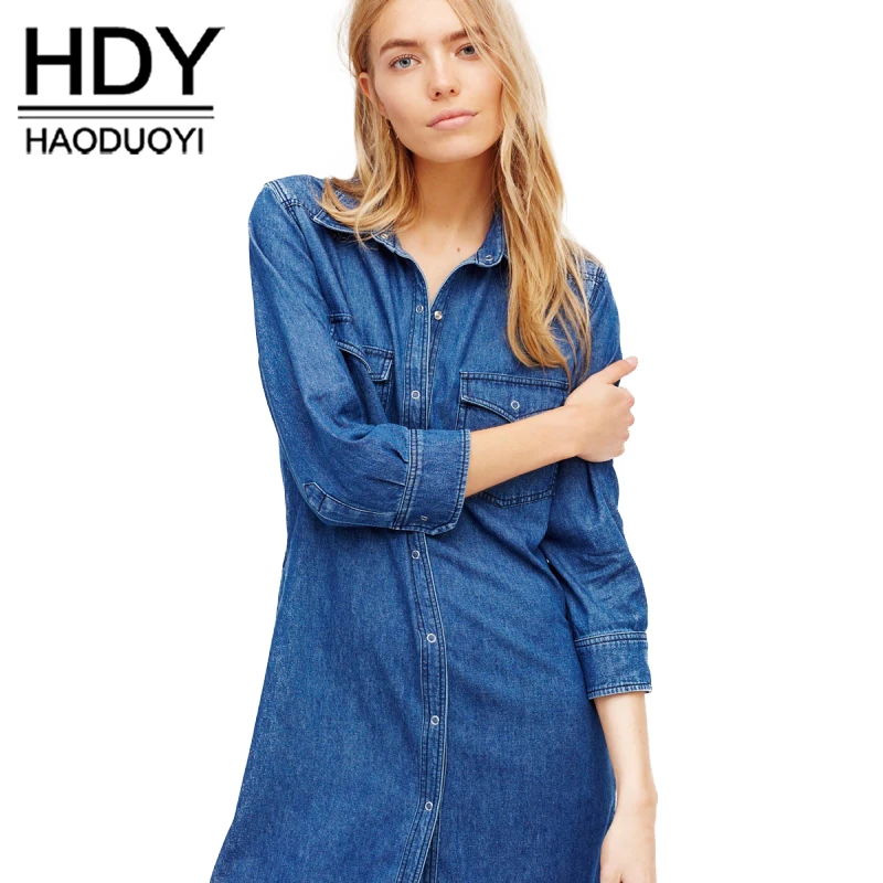 

HDY Haoduoyi Fashion Denim Midi Dress Women 3/4 Sleeve Female Straight Dress Brief Style Solid Blue Single Button Casual Dress