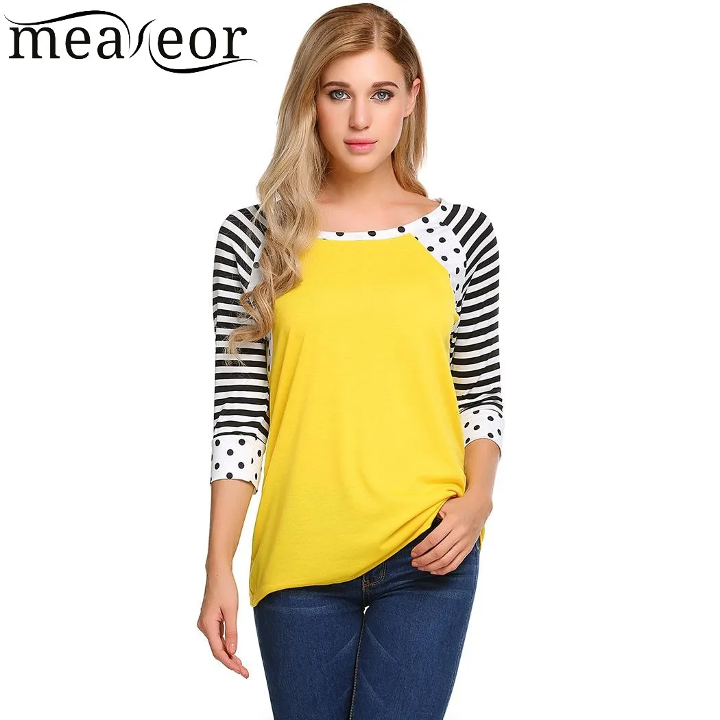 Meaneor Women T Shirt New Fashion O-Neck 3/4 Striped Sleeve Dot Print T-Shirt Pullover Casual Ladies Shirts Female Tee Tops | Женская