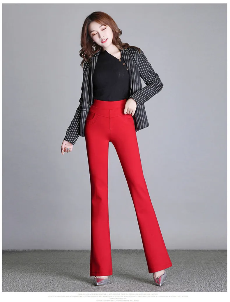 New Women's Autumn Spring Tight Flare Pants Red High Waist Plus Size Blue Elastic Band Trousers Fashion Casual Stretch Pants 6XL