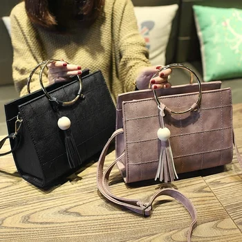 

Women Fashion Brand Designer Luxury Leather Handbags Tassel Lady Messenger Bag Female Metal Ring Shoulder Crossbody Tote Bag