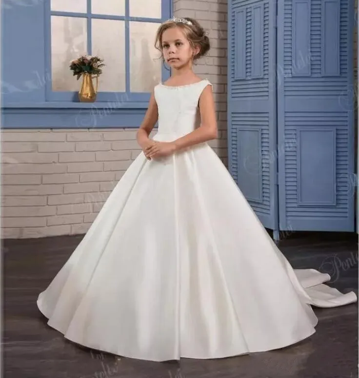 Высококачественное атласное платье принцессы; платье с цветочным узором для девочек на свадьбу; детская официальная одежда с открытой спиной; платье для первого причастия