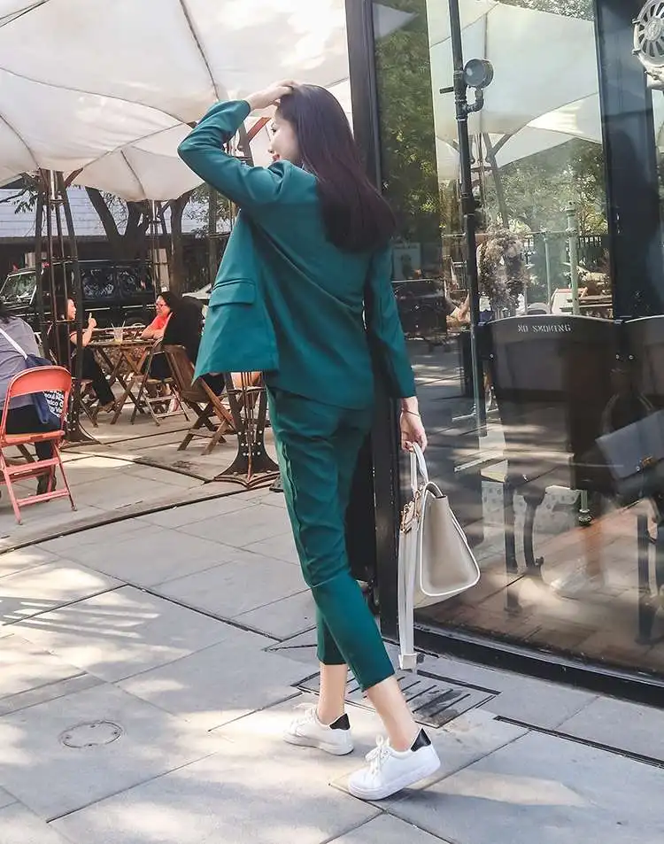 2018 Pure Color Simple Boyfriend Jacket Small Cuff Pants Dark Green Office Lady Karxige Official Store Seven Length Pant Suit