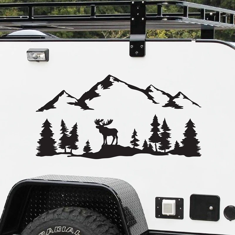 For SUV RV Camper Offroad Moose Trees Forest Mountain Silhouette Vinyl Art Sticker Car Decor Outdoors Hiking Decals Decoration fluorescent stickers