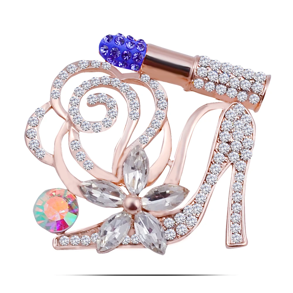 B334 Lipstick And Crystal Shoes Brooches For Women Gold Color Jewellery Rhinestone Pins And