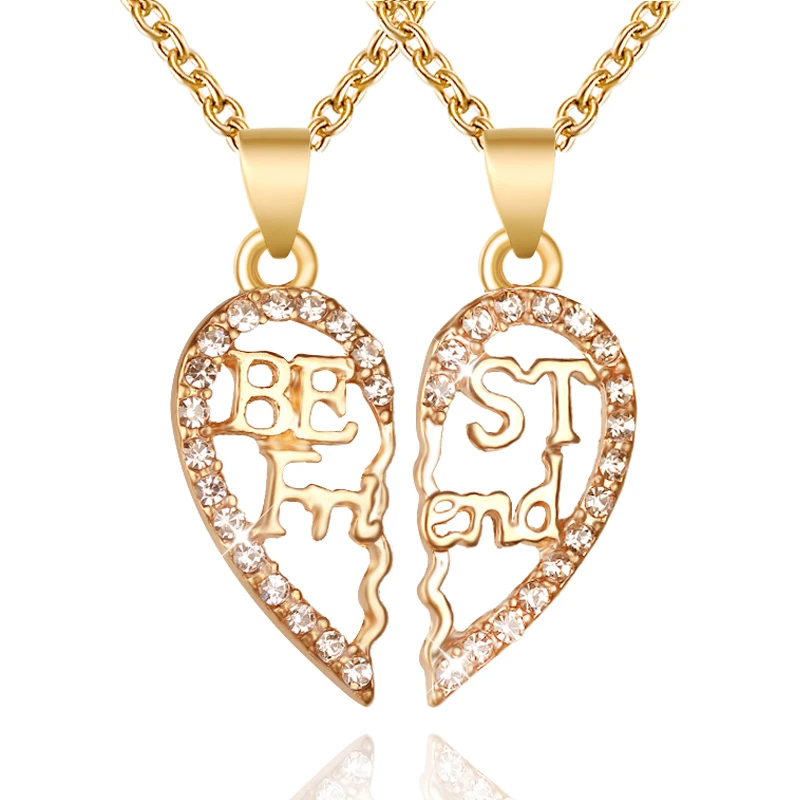 Hollow Out Heart 2 Puzzle Pendant Necklace Charms Crystal Best Friend