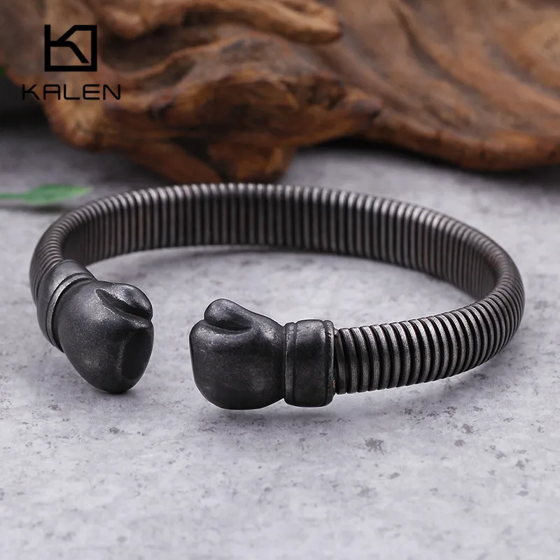 

Stainless Steel Matte Boxing Gloves Charm Cuff Bangles For Men Brushed Fist Pattern Mesh Chain Opening Bangles Male Jewelry