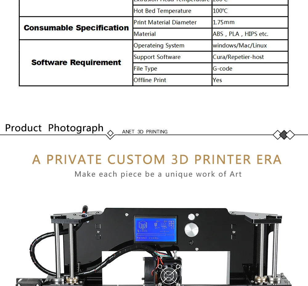 Anet A6L 3d принтер с самонивелирующимся высокой точностью офлайн Печатный стол 3D DIY Kit принтер 200*200*240 мм USB sd-карта подключение