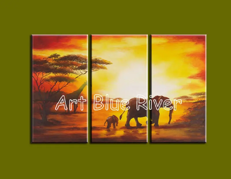 3 piece handmade African landscape elephant canvas wall art abstract