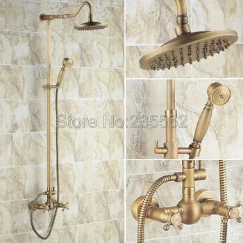 

Antique Brass Bathroom Dual Handle Rain Shower Faucet Set W/ 8 inch Round Rainfall Shower Head + Handheld Spray lrs139