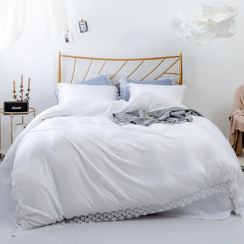 

Solid Color Tencel Lace 3 pcs Bedding Sets Include Soft Duvet Cover Pillowcase Bedding Linens Home Textile
