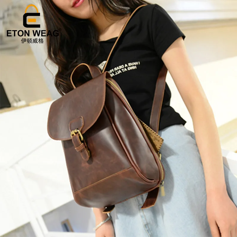 ETONWEAG Famous Brands Leather Backpacks For Teenage Girls Brown Vintage School Bags Casual Zipper Travel Small