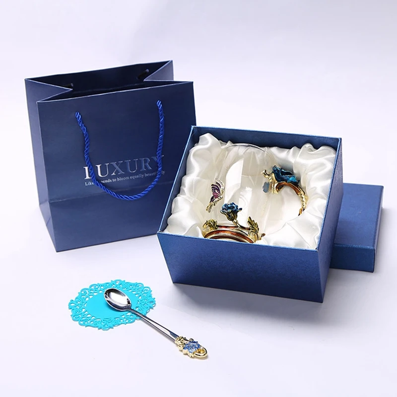 

Enamel Crystal Coffee Glass Cup Set Flower Tea Cup Craft Decor Valentine Day Anniversary Birthday Gift With Exquisite Packaging