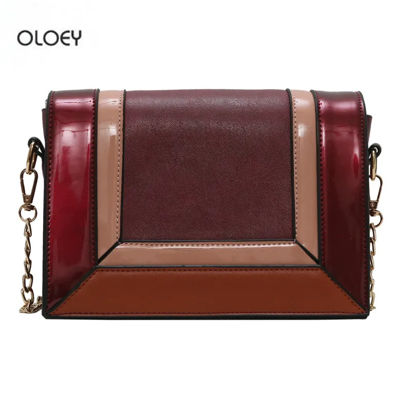 

OLOEY Women's Bag Fashion stitching contrast color square bag Chain shoulder bag Wild Messenger Leather bag