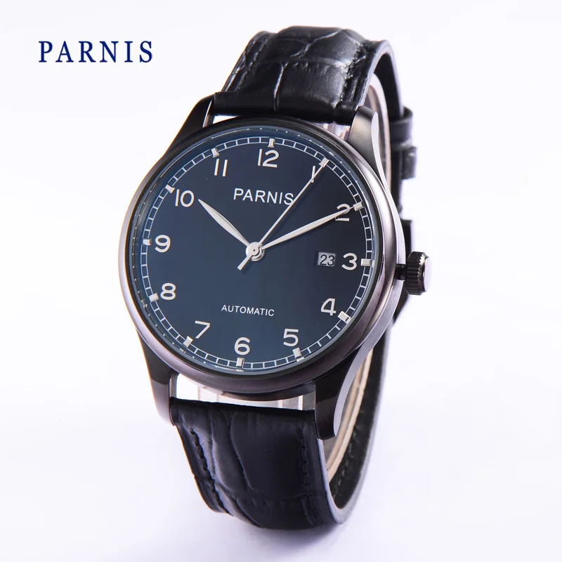 

Parnis 43mm Mechanical Black Dial Men's Watches PVD Black Case Leather Band Automatic Self-Wind Mens Watch orologio uomo Clock