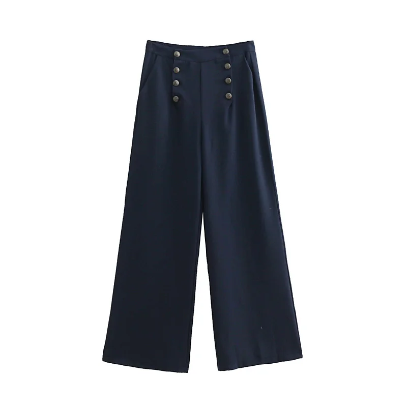 JuneLove Летние Элегантные с высокой талией двойные пуговицы женские брюки с широкими штанинами свободные модные highstreet матросские брюки
