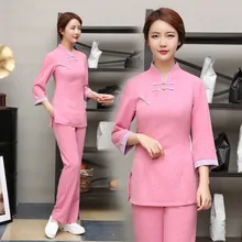 Здравоохранения для работы и вечеринок Костюмы женский создает Эфект старины, отлично подходит официантка одежда Красота салон униформа для сотрудниц спа-салонов, комплект из 2 предметов, с вышивкой "сделай сам" с возможностью нанесения собственного логотипа униформы