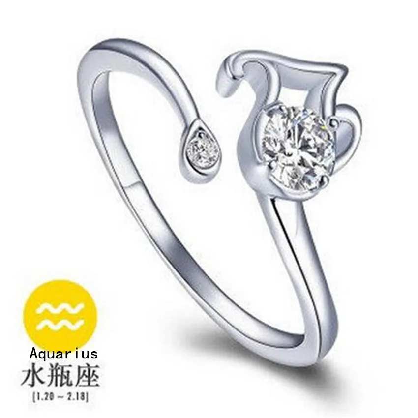 

Boxed couple ring Korean 12 constellation Aquarius 925 silver ring lady adjustable opening zircon # 53