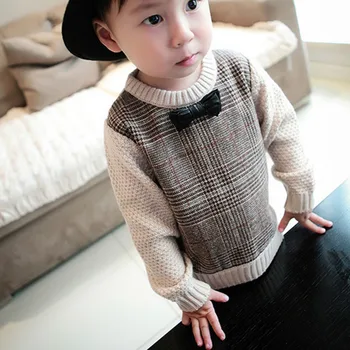 

Cute Baby Boys Casual Sweater Girls O-Neck Bowknot Knitted Sweaters Kids Knit Loose Top Brown Pullover for Children 1-3 Years
