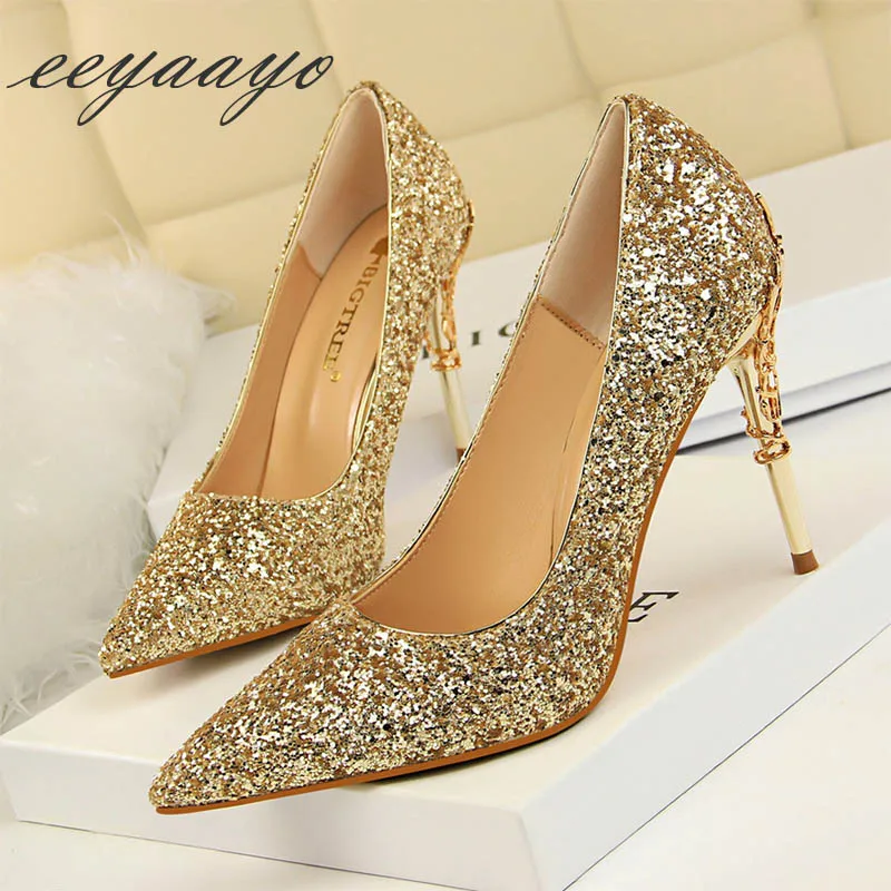 2019 New Spring Women Pumps High Thin Heels Pointed Toe Metal Decoration Sexy Bling Bridal Wedding Women Shoes Gold High Heels
