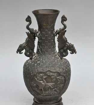

10"china fengshui bronze animal dragon crane bird statue Zun Cup Bottle Pot Vase