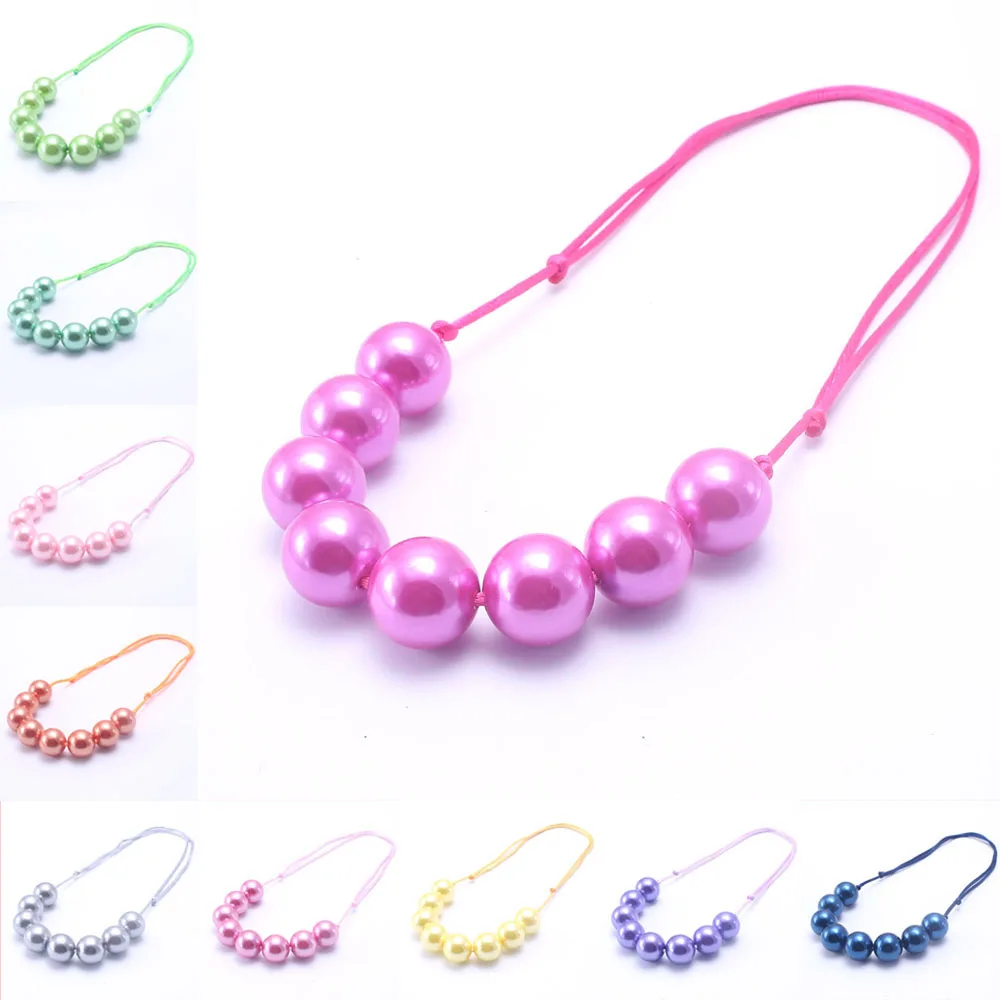 

MSH.SUN Bright ABS Pearl beads Necklace Adjustable Rope Solid color beads jewelry for Kids/Girls Choker bubblegum necklace BN144