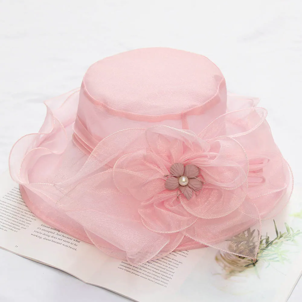 FS летний чародей из органзы складной Кентукки шляпа котелок для женщин Элегантный свадебный церковный платья розовый фиолетовый мягкая фетровая шляпа с широкими полями - Цвет: Pink Organza Hat