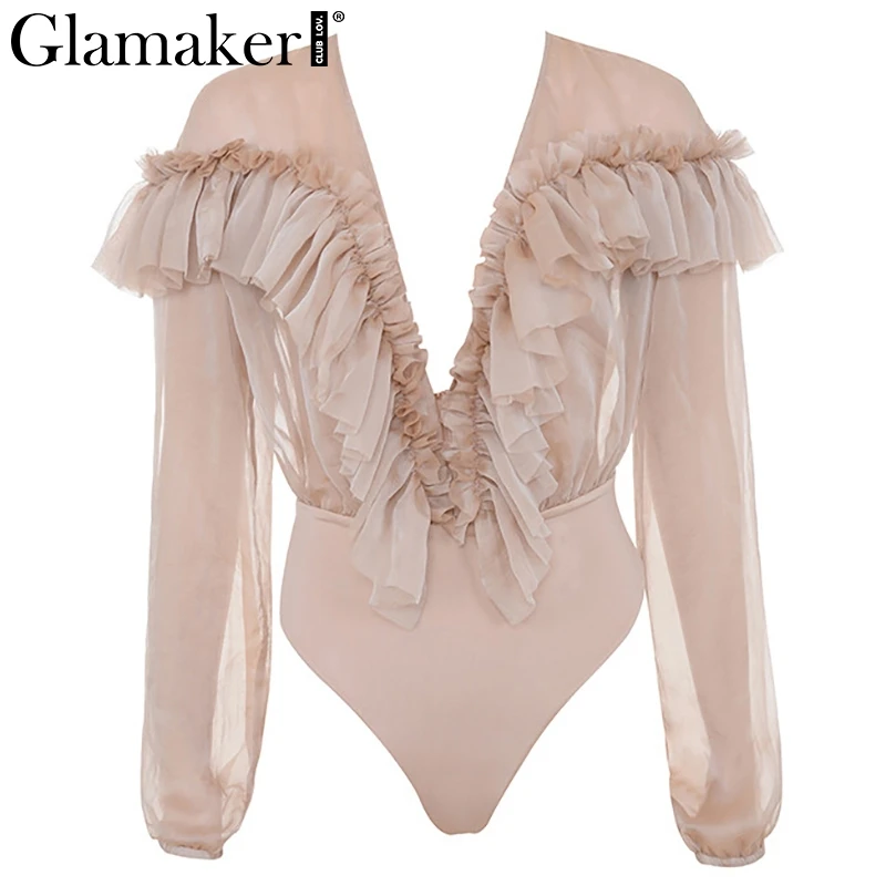 Glamaker Deep v neck transparent mesh ruffle bodysuit Women chiffon long sleeve bodysuit loose overall Sexy female spring romper