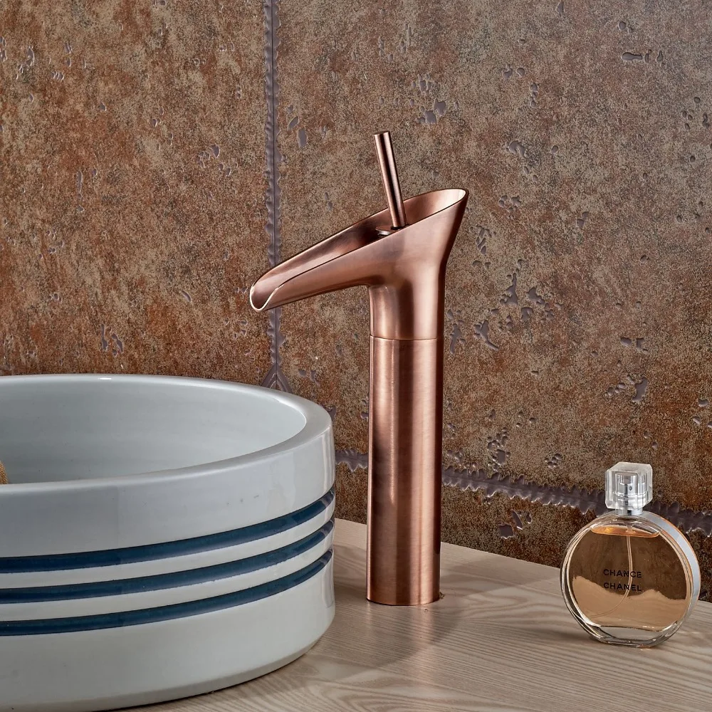 Antique Brass Waterfall Basin Faucet Deck Mount Bathroom Mixer Tap with