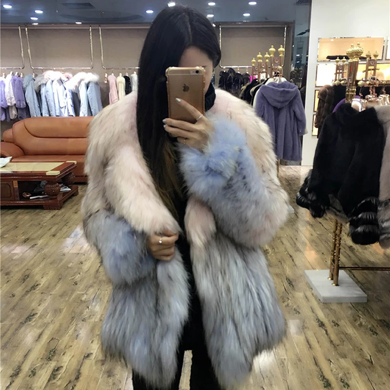

BFFUR Female Jacket Real Fur Coat Women Winter Fashion Reccoon Fur Genuine Thick Full Sleeve Gradient Color Natrual Fur Coat