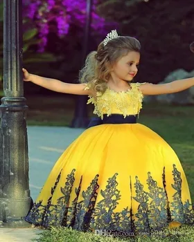 

custom made lace sleeveless yellow girl ball gown dress