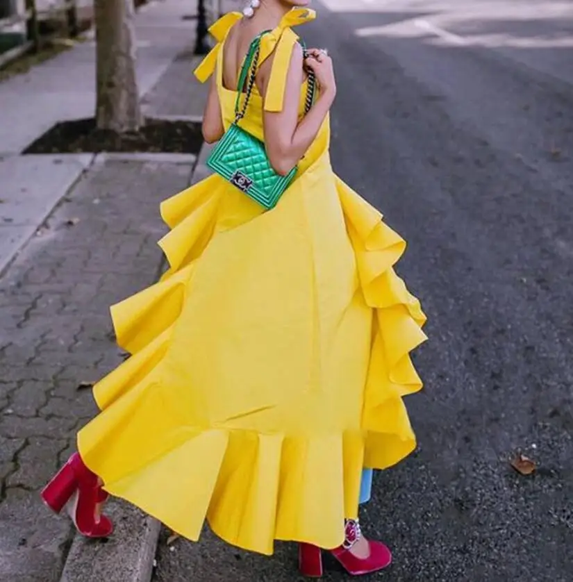 

New Korean Style Summer Clothing Women Yellow Black Strap Dress Sloping Ruffle Hem Girls Stylish Asymmetrical Dresses