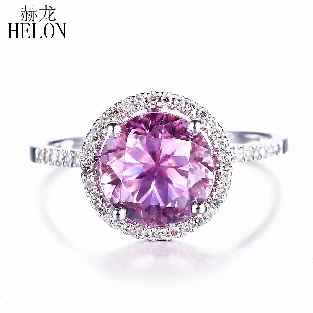 

HELON Solid 14K White Gold 3.89ct Pink Topaz Round 9.5mm Halo 0.2ct Diamonds Brilliant Pretty Fine Wedding Ring Women's Jewelry