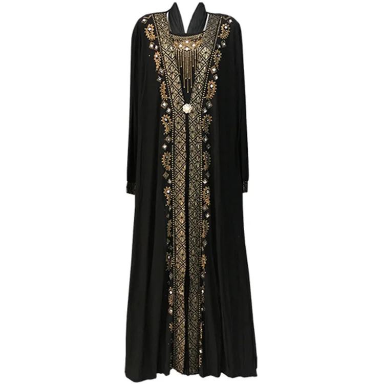 Исламская Хуэй Дубай пробуренных халаты мусульманский абайя платье Для женщин мода длинный хиджаб черно-белой печати традиционные