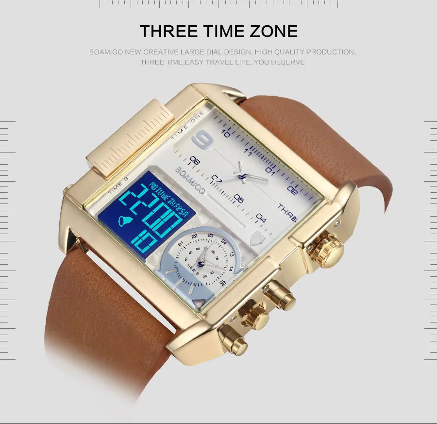 Mens Watches Top Brand Luxury BOAMIGO Wrist Watches for Men Sport Leather Band Military Chronograph Digital Watch Rectangle Case (32)