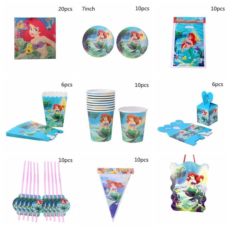 

Pretty Mermaid Ariel Party Decor Girls Birthday Latex Balloon Tableware Paper Hat Napkins Plate Table Cloth Happy Birthday Gift