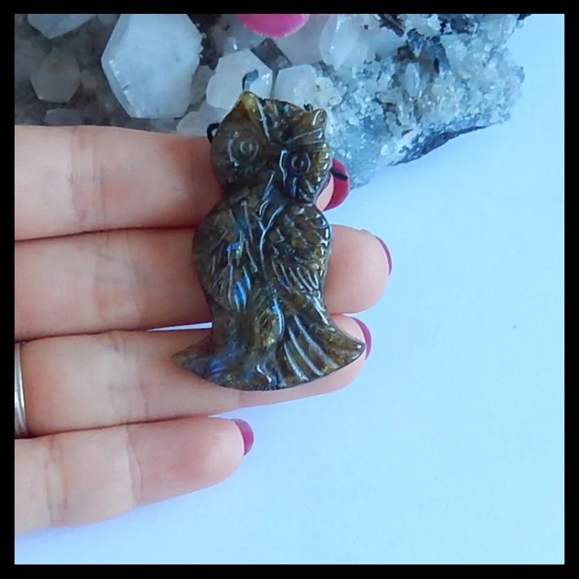 Модный кулон, резная Сова Laboadorite кулон из драгоценного камня с бусамы, полудрагоценный ювелирный кулон, 47x32x7 мм, 15 г