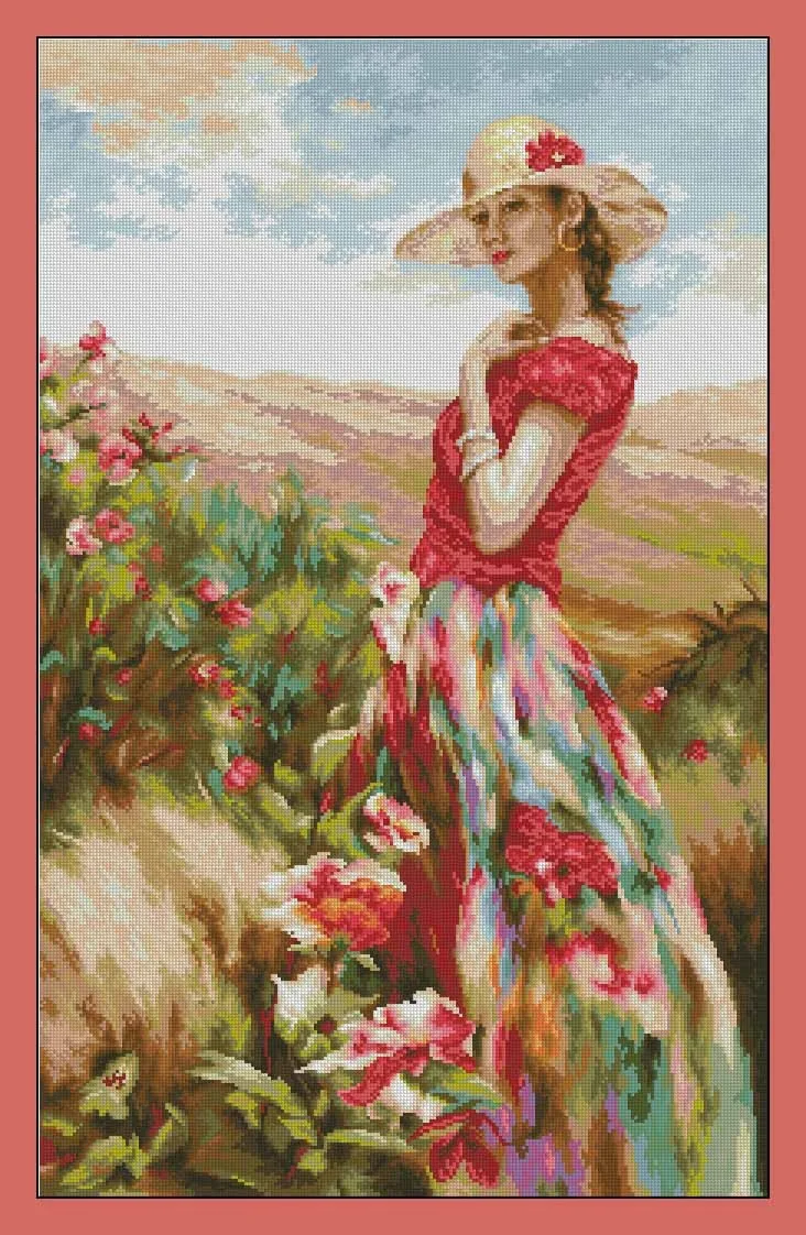 CS-1871 Cross Stitch Kit Flowering Place Red Clothes Dress Girl Lady Woman lusa lucas