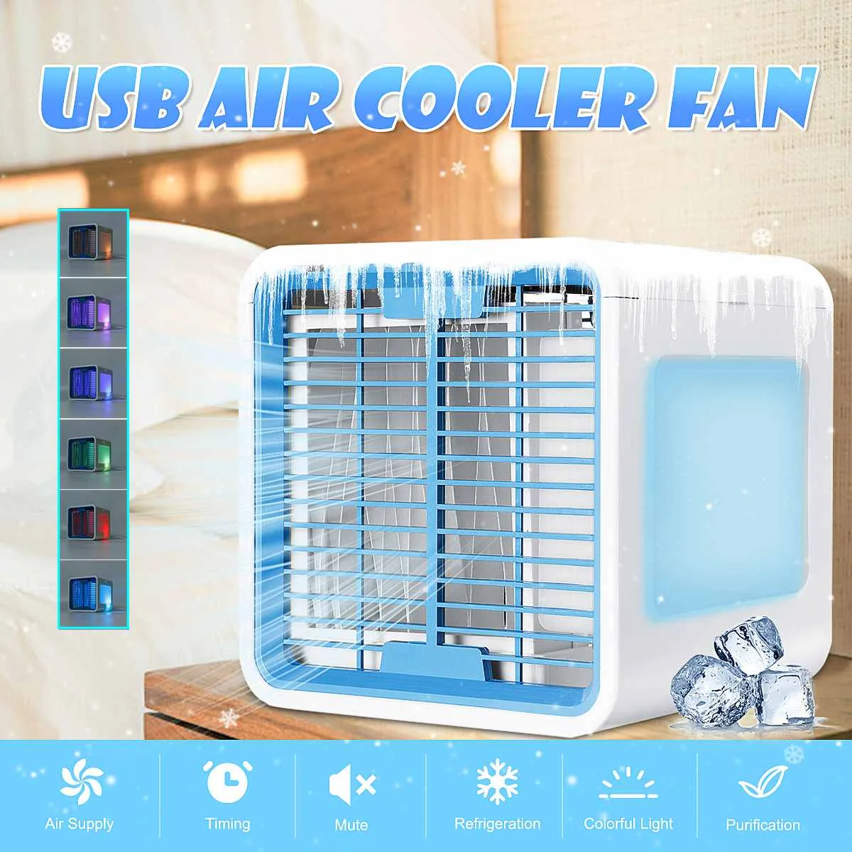 

3 Speed USB LCD Mini Air Cooler Cool Cooling Fan Purify Humidifier 6 Colors LED Lights Low Energy Consumption 16.5x13.5x16.5cm