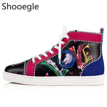 

Spring Graffiti Print Men Casual Shoes Lace Up Breathable Men's Casual Shoes High Top Flats Men Sneakers Patchwork Runway Shoes