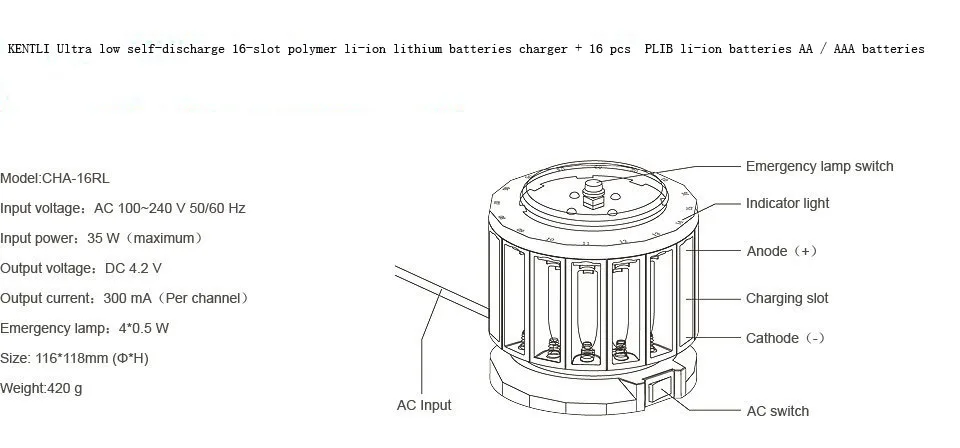 KENTLI Ультра низкий саморазряд 16-слотовые Полимерные литий-ионные литиевые батареи зарядное устройство+ 16 шт. Lib li-ionAA/AAA батарея