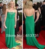 Sexy Straight Spaghetti Straps Empire 2014 Golden Globe Awards Green Chiffon Celebrity Red Carpet Evening dresses BO4173