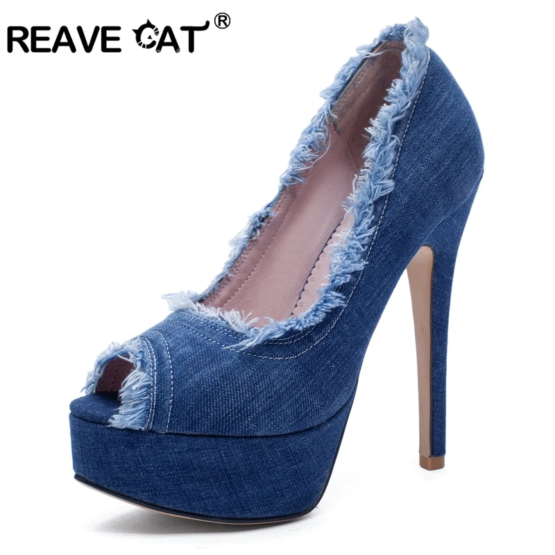Женские джинсовые туфли лодочки REAVE CAT весенние на тонком каблуке и платформе с