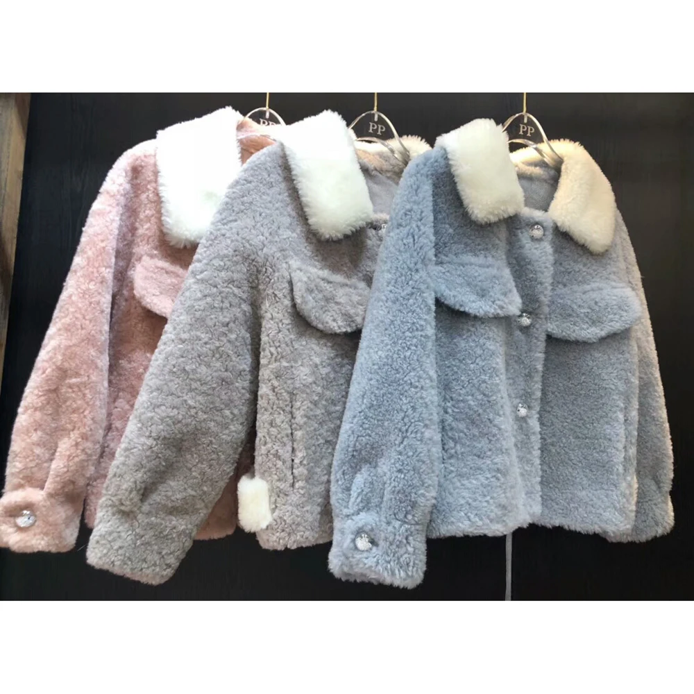 Veste Manteau D'hiver Gris Rose Laine Outwear Femelle Fourrure Réel De Bleu Naturel Mouton 100 wIqz0Ox8