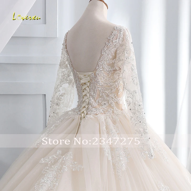 Loverxu Vestido De Noiva бальное платье с длинными рукавами Свадебные платья сексуальное глубокое круглое декольте Часовня Поезд аппликации свадебное платье с бисером