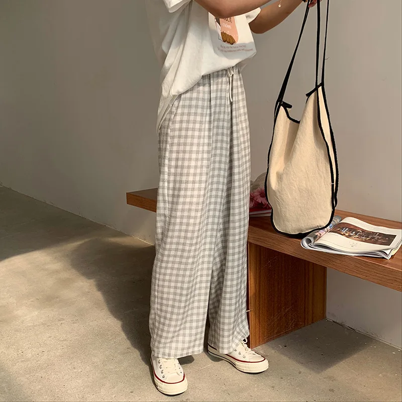 Summer Plaid Straight Trousers Women Casual Full Length Drawstring Loose Korean Pants High Waist Women Clothes 2019 new 89387 Summer Plaid Straight Trousers Women Casual Full Length Drawstring Loose Korean Pants High Waist Women Clothes 2019 new 89387