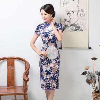 

Female Short Sleeve Chinese Style Dress Vintage Handmade Button Cheongsam Elegant High Split Slim Qipao Print Vestidos M-3XL